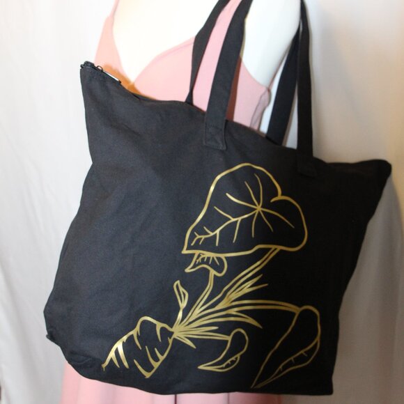 Mahina Made Handbags - Mahina Made Black Tote Bag with Gold Taro Design